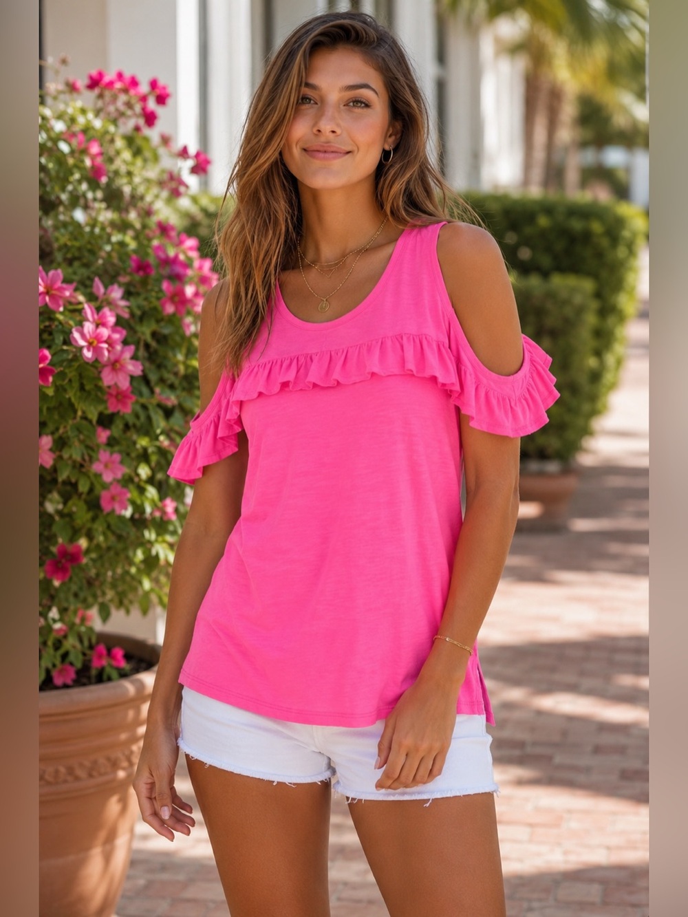 FEEL THE PIECE Terre Pink Cold-Shoulder Ruffle Tee